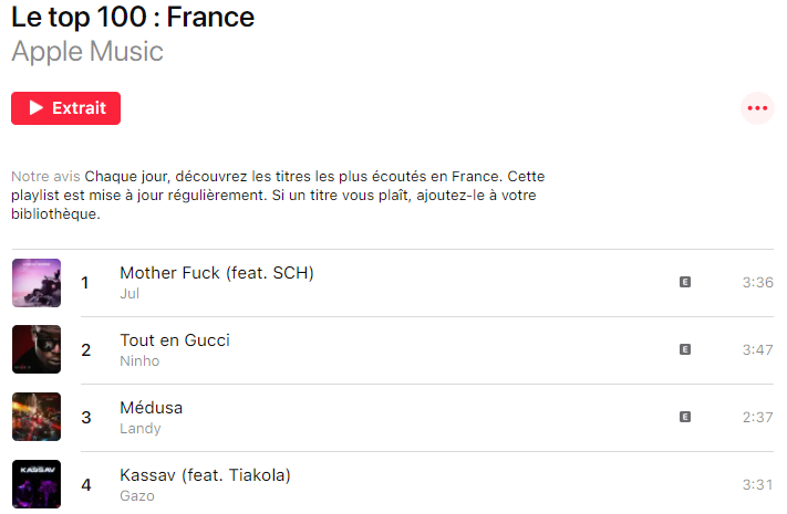 top 100 quotidien apple music